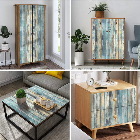 Blue Distressed Wood Grain Contact Paper Peel And Stick Self Adhesive Wallpaper For Cabinets Waterproof Removable Wood Look Finish 15.7 By 236 Inches Navy Blue Beachy Rustic Style applied on furniture