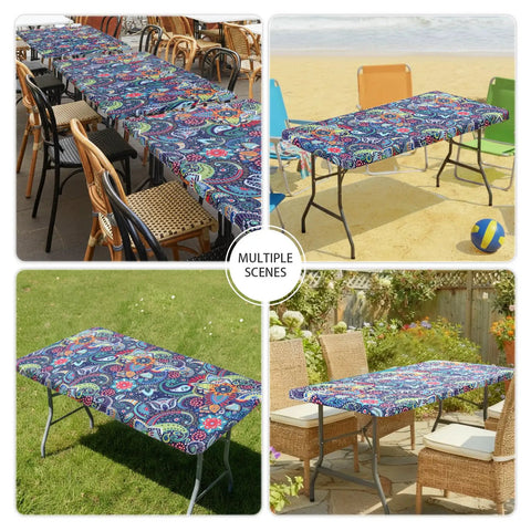 Collage showing Fitted Spandex Tablecloth For 6 Foot Rectangle Tables With Elastic Edge, Paisley Pattern 30x72, in multiple settings.
