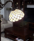 Tiffany Style Floor Lamp With Jeweled Beaded Arched Design illuminated in cozy living room, 62 inch vintage stained glass lamp.
