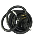 Coiled Beefy 26ft 3in 30A NEMA 14 30 Extension Cable With 100 Percent Copper Conductors and durable casing, plug and socket view