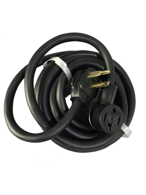 Coiled Beefy 26ft 3in 30A NEMA 14 30 Extension Cable With 100 Percent Copper Conductors and durable casing, plug and socket view