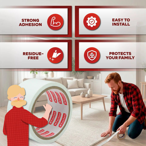 Heavy Duty Double Sided Carpet Tape, 2 Inch By 5 Yard Roll for securing area rugs on various floors, strong adhesive, residue-free
