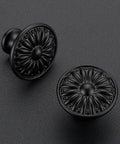 Matte Black Cabinet Knobs Set With Rosette Design One And A Quarter Inch Ten Pack Sturdy Zinc Alloy Drawer Handles For Kitchen Cabinets And Dressers Easy One Hole Install Perfect For A Quick Style Upgrade. Two matte black rosette zinc alloy cabinet knobs