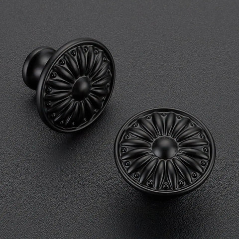 Matte Black Cabinet Knobs Set With Rosette Design One And A Quarter Inch Ten Pack Sturdy Zinc Alloy Drawer Handles For Kitchen Cabinets And Dressers Easy One Hole Install Perfect For A Quick Style Upgrade. Two matte black rosette zinc alloy cabinet knobs