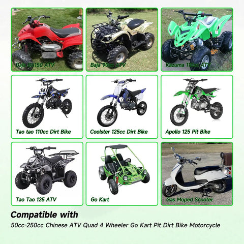 Various vehicles compatible with Gas Fuel Line Kit 3.28 Ft 3/16 Inch ID With 1/4 Inch Inline Shut Off Valve for dirt bikes, go-karts, scooters.