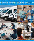 First aid kit cabinet collage banner showing white fleet vans, warehouse staff, office meeting, and restaurant scenes.