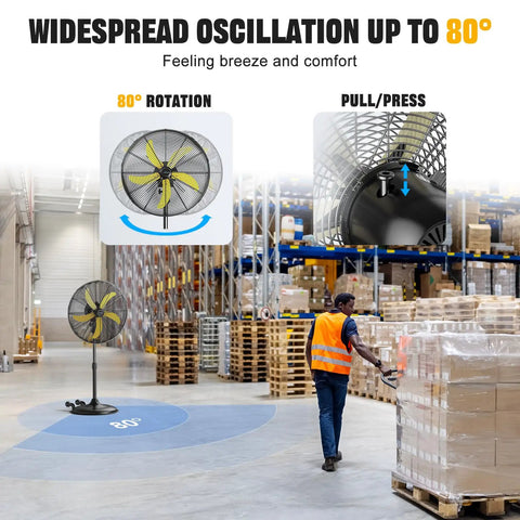 5300 CFM 20 Inch High Velocity Oscillating Pedestal Fan With 3 Speeds For Industrial Use in warehouse setting with oscillation view