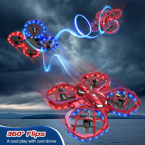 Mini Drone For Kids Beginners Toss To Go RC Quadcopter With LED Lights performing 3D flips over water in stormy skies