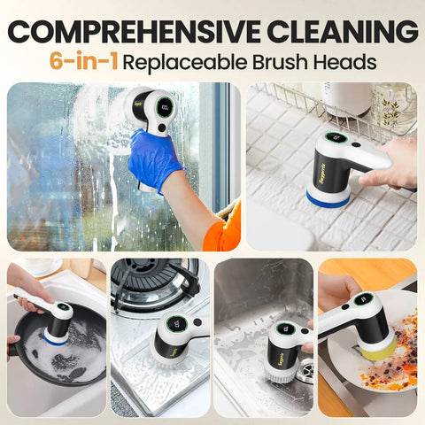 Electric Spin Scrubber Heavy Duty for Bathroom and Shower Cleaning Dual Speed 350 RPM with Six Replaceable Brush Heads and Adjustable Handle for Deep Cleaning Grout and Tiles cleaning glass, sink, and dishes