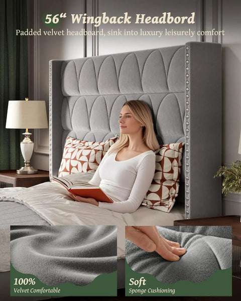 56 Inch Velvet Wingback Headboard from Top Shelf King Size Platform Bed Frame With 56 Inch Velvet Wingback Headboard In Deep Gray Rock Solid Steel Base Holds 1000 Lbs Smooth As Butter For Zero Creak Sleep, showcasing soft sponge cushioning.