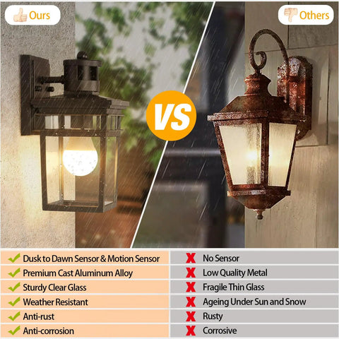 Comparison of Motion Sensor Outdoor Wall Lantern with Remote, Dusk To Dawn Sensor, Four Modes, Glass Shade, and standard lantern
