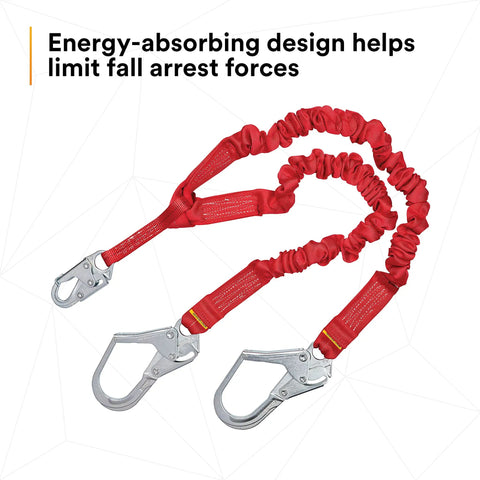 Stretch Shock Absorbing Lanyard For Work Sites 6 Ft Double Leg Elastic Safety Lanyard with center snap hook and rebar hooks.