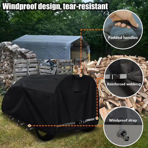 Beefy Waterproof Log Splitter Cover 1200D Oxford Cloth Weatherproof All Season Protector For 20 To 60 Ton Wood Splitters 94 By 49 By 42 Inches Black Heavy Duty Outdoor Storage Shield covering log splitter with straps and handle details