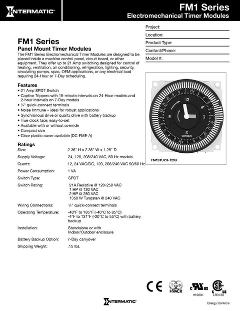 24 Hour 21 Amp SPDT 120V Electromechanical Timer Module With Manual Override Switch Featuring 96 Trippers At 15 Minute Intervals For Precise Scheduling And Noise Resistant Operation In Heavy Duty Applications
