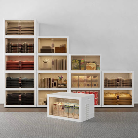 Heavy Duty Foldable Storage Bins With Smooth Rolling Wheels And Secure Door Lock Spacious Collapsible Plastic Containers For Closets Garage Attic Stackable Home Organizers No Sweat Assembly in a modern room.