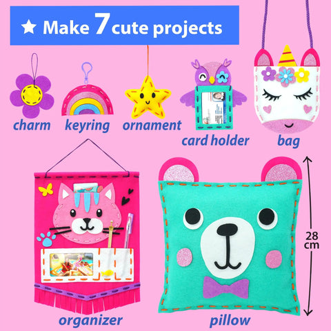 Starter Kids Sewing Kit With 7 Fun DIY Projects Like Stuffed Animal Dolls And Plush Pillows, felt projects displayed