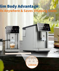 Top Shelf Espresso Coffee Maker With Handy Milk Frother And Adjustable Grinding Blades For Home Baristas Featuring Detachable Milk Tank And Sleek Silver Build, placed on a kitchen counter.