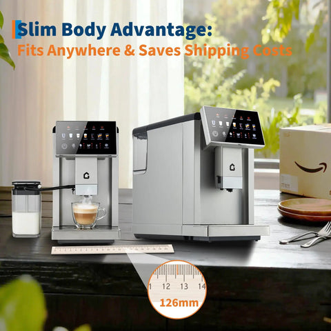 Super Automatic Espresso Maker With Built Conical Burr Grinder And Auto Milk Frother in a compact design on a kitchen counter.