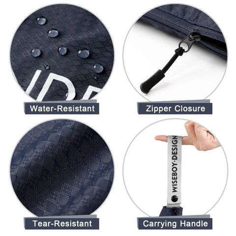 Close-up image of Two Pack Travel Laundry Bags Wet Dry Bag with Zipper, highlighting water-resistant, tear-resistant fabric and handle.