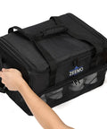 Two Layer Car Trunk Organizer With Ventilated Shoe Compartment Holds Two Pairs Of Golf Shoes And Gear Travel Storage For Accessories Durable Black Golf Travel Organizer For SUV Or Car with hands holding it