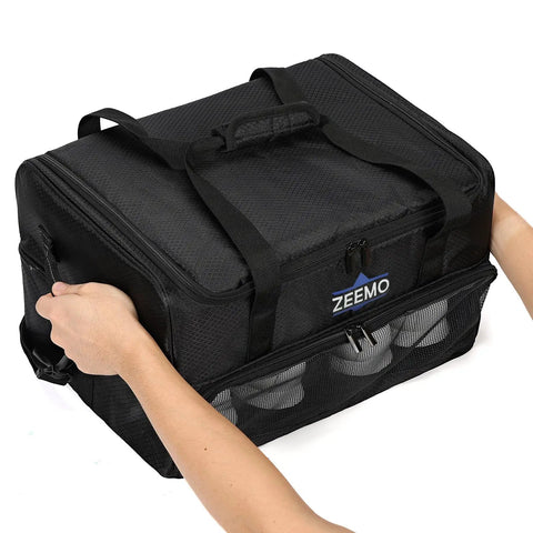 Two Layer Car Trunk Organizer With Ventilated Shoe Compartment Holds Two Pairs Of Golf Shoes And Gear Travel Storage For Accessories Durable Black Golf Travel Organizer For SUV Or Car with hands holding it