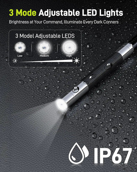 6.6 Foot Articulating Borescope With 210 Degree Two Way Tilt 0.22 Inch Slim Probe showcasing 3-mode LED brightness and IP67 rating