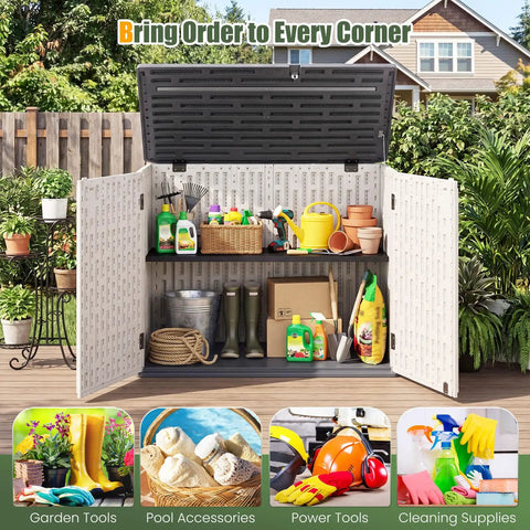 20 Cu Ft Outdoor Storage Cabinet With Adjustable Shelf And Lockable Doors, Weatherproof Resin Shed Open with Supplies