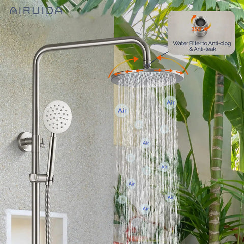 Outdoor Shower Faucet Setup With SUS304 Stainless Steel Wall Mount Exposed Brushed Nickel Finish Single Handle 8 Inch Rainfall Showerhead And Handheld Spray Dual Function showing rainfall and handheld spray