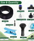 Components of All In One 360 Degree Adjustable Drip Irrigation System With Fifty Foot Hose And Fifteen Nozzles for Lawn Garden Plants