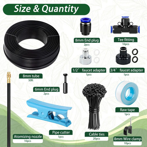 Components of All In One 360 Degree Adjustable Drip Irrigation System With Fifty Foot Hose And Fifteen Nozzles for Lawn Garden Plants