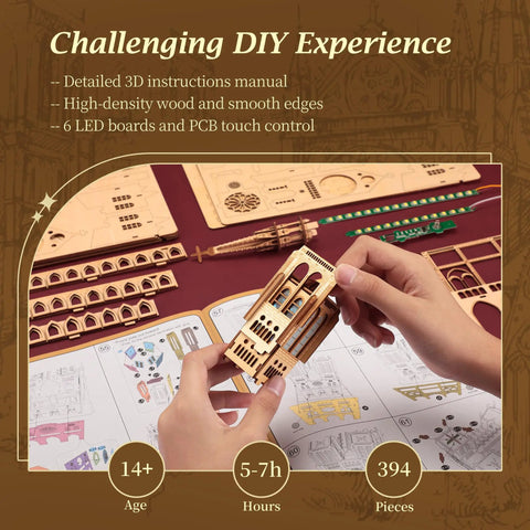 Hands assembling Notre Dame De Paris 3D Wood Puzzle Night Edition With LED Lighting, DIY Architecture Model Kit pieces.