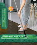 Top Shelf 48 Inch Green Dust Mop Heads 3 Pack Heavy Duty Washable Microfiber Floor Sweepers For Cafes And Stores, Sweep Up Dust Without Breaking A Sweat, in use on a wooden floor.