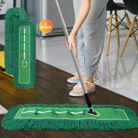 Top Shelf 48 Inch Green Dust Mop Heads 3 Pack Heavy Duty Washable Microfiber Floor Sweepers For Cafes And Stores, Sweep Up Dust Without Breaking A Sweat, in use on a wooden floor.