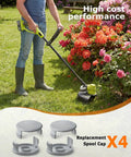 Person using Ryobi trimmer with 4 Pack Replacement Spool Cap For Ryobi Weed Eater And String Trimmers AC14HCA displayed