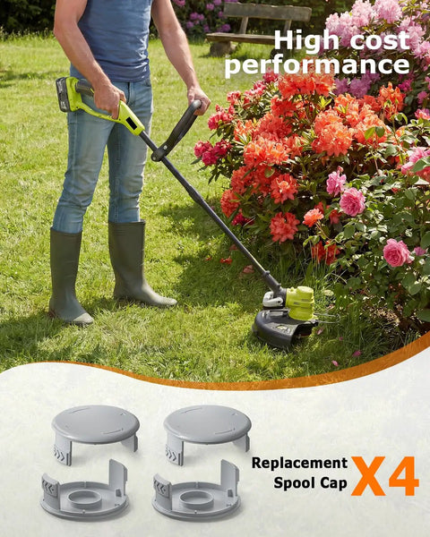 Person using Ryobi trimmer with 4 Pack Replacement Spool Cap For Ryobi Weed Eater And String Trimmers AC14HCA displayed