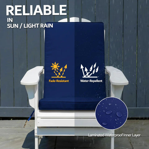 Cozy Outdoor Adirondack Chair Cushions Set Of 4 With Removable Covers Water Repellent Fade Resistant Non Slip Bottom And Securing Straps Universal Fit For Most Adirondack And Rocking Chairs Navy shown on chair outdoors.