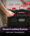 Person using Stack N Roll Modular Tools Organizer System For Garage Storage And DIY, Three Piece Resin Rolling Toolbox Set