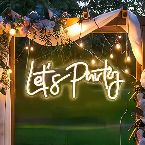 Lets Party Neon Sign Dimmable LED Neon Light For Wall Decor 16x7 Inches Word Sign Warm White Glow in garden setting