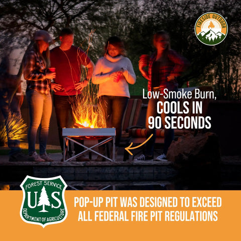 Portable 24 Inch Collapsible Fire Pit For Camping And Backyard in use with people gathered around, low-smoke burn visible