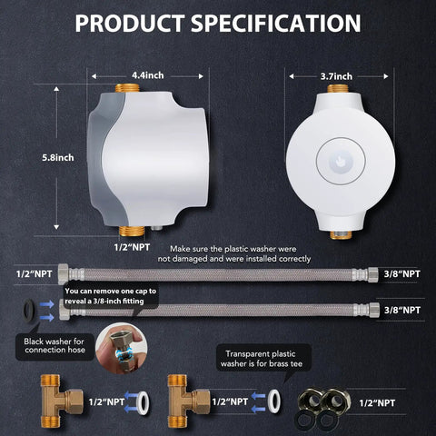 Smart Instant Hot Water Recirculating Pump With Built In Thermostat For Tanked And Tankless Heaters Super Quiet Three Speed On Demand Setup, product specifications displayed.