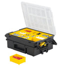 Multi Level Organizer Box With Dividers And Cantilever Design, open with yellow removable cups, transparent lid, black case.