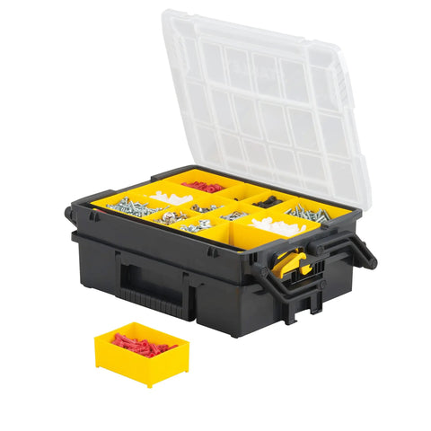 Multi Level Organizer Box With Dividers And Cantilever Design, open with yellow removable cups, transparent lid, black case.