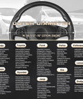 Premium Black Microfiber Leather Steering Wheel Cover For Cars And Trucks features size compatibility 14.5 to 15 inch, detailed vehicle list.