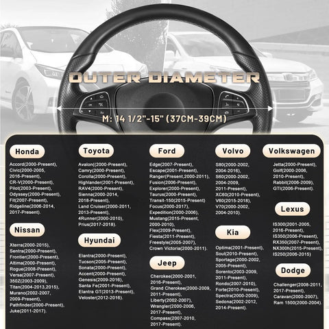 Premium Black Microfiber Leather Steering Wheel Cover For Cars And Trucks features size compatibility 14.5 to 15 inch, detailed vehicle list.