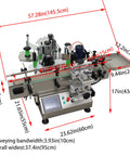 Heavy Duty 110V Desktop Automatic Conveyor Bottle Labeler with precise measurements and multiple labeling components.
