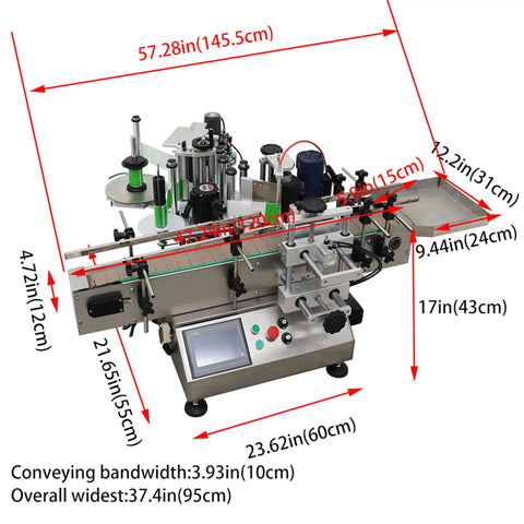Heavy Duty 110V Desktop Automatic Conveyor Bottle Labeler with precise measurements and multiple labeling components.