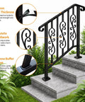 Heavy Duty Wrought Iron Porch Railing For Outdoor Stairs Rock Solid Adjustable Handrail Fits 2 To 3 Steps detail of scrollwork and wall thickness