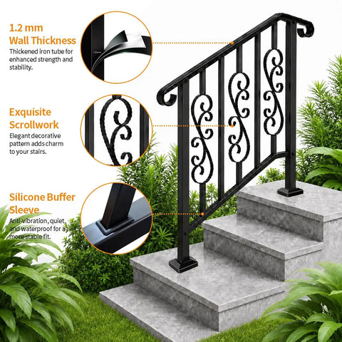 Heavy Duty Wrought Iron Porch Railing For Outdoor Stairs Rock Solid Adjustable Handrail Fits 2 To 3 Steps detail of scrollwork and wall thickness