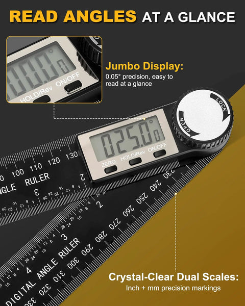 Heavy Duty Digital Protractor And Angle Finder With Bright LCD Screen showing an angle reading of 25.0° with precise markings.