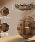 Dimensions and features of 9 Inch Lazy Susan Turntable Organizer For Tabletop And Cabinet Round Rustic Wooden Tray with metal edge.